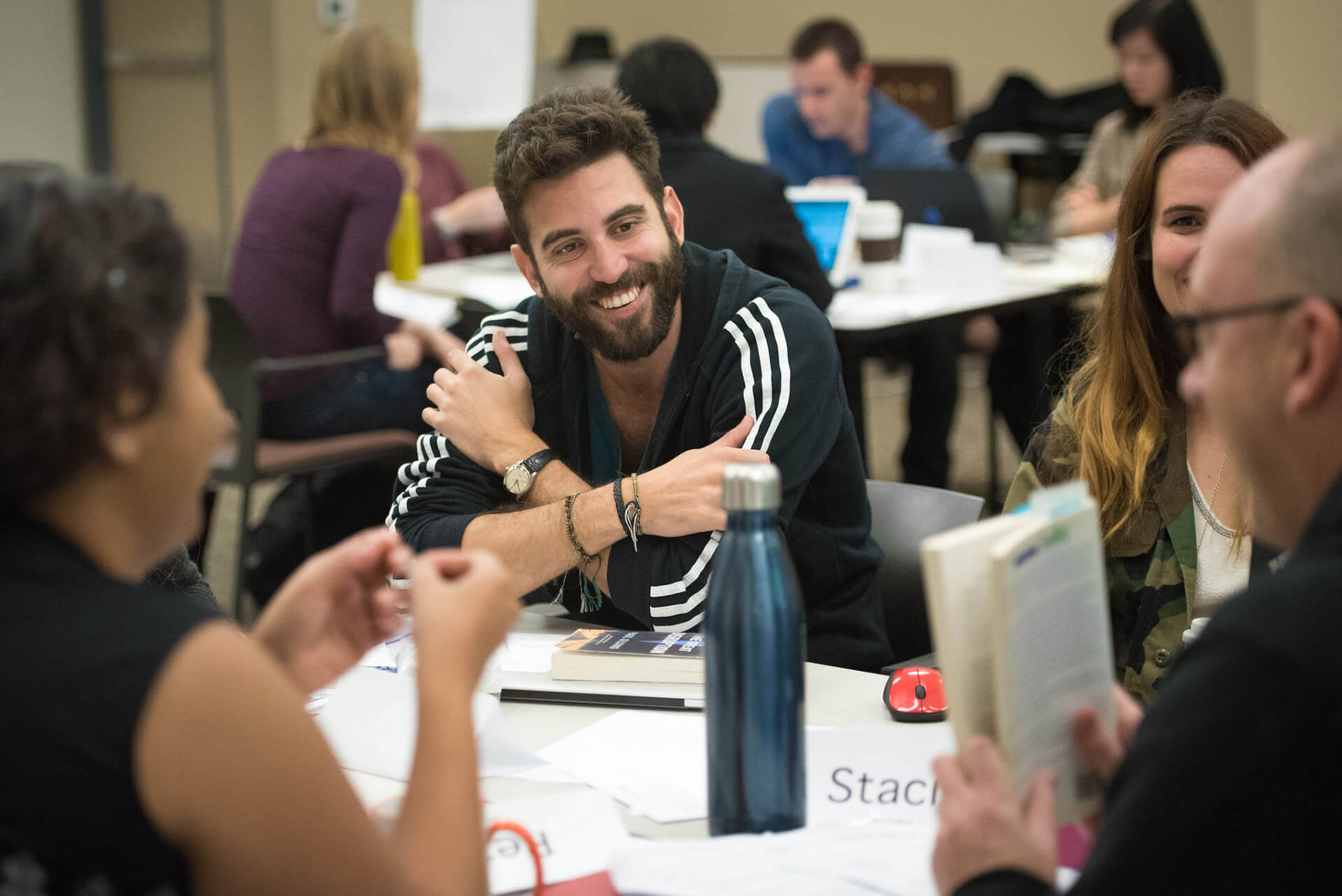 Student conversation at table