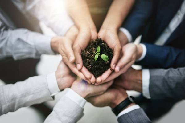 Group holding plant growing out of soil